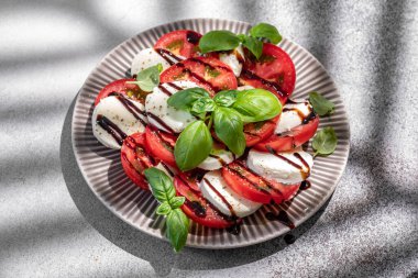 Mozzarella soslu salata caprese, dilimlenmiş domates, baharat ve taze fesleğen. Ev yapımı yemek..