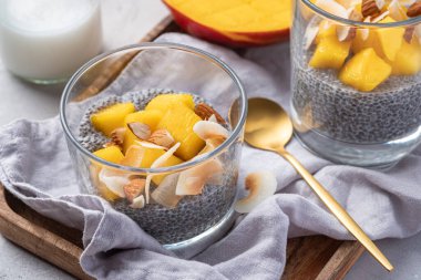 Hindistan cevizli mango Chia tohumu pudingi.