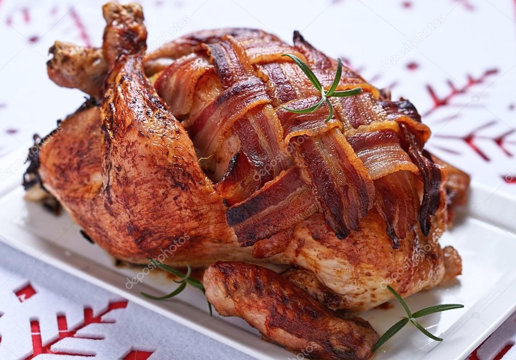 Whole roasted chicken with bacon