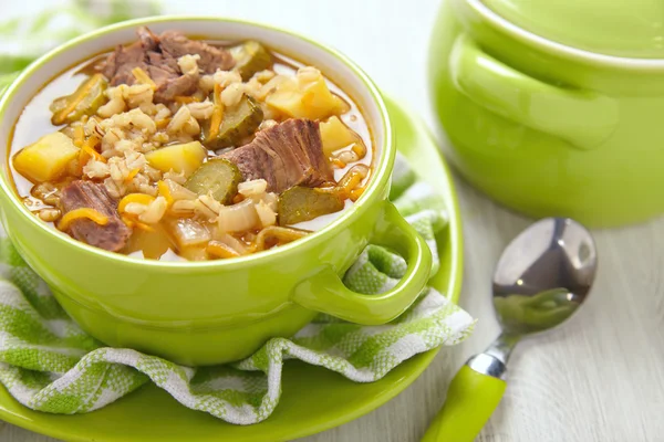 Soup with pickles and barley — Stock Photo, Image