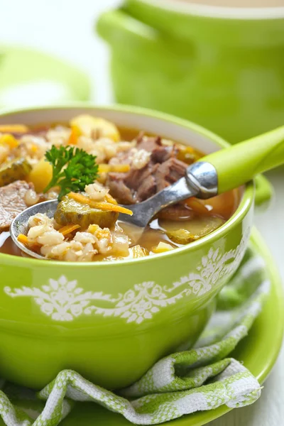 Soup with pickles and barley — Stock Photo, Image