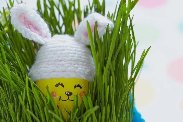 Pasen decoratie met schattige ei in bunny hoed — Stockfoto