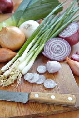 rustik ahşap arka plan üzerinde renkli soğan