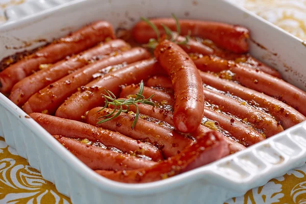 Roasted sausage with mustard orange sauce — Stock Photo, Image