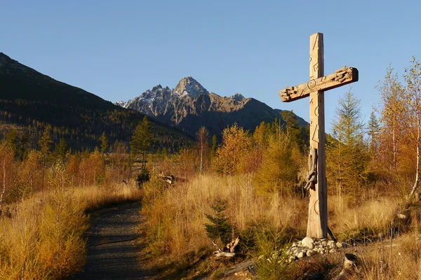 Croce cattolica in legno nel paesaggio autunnale — Foto Stock