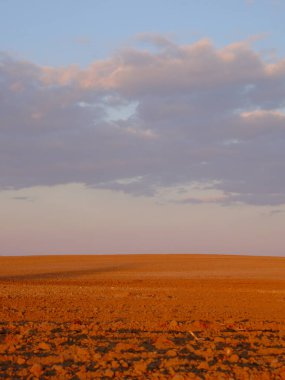 Boş bir tarla üzerinde bulutlu bir akşam gökyüzü. Parlak gün batımı manzarası.