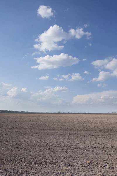 Vacker Himmel Över Ett Plogat Jordbruksfält Lantbrukslandskap Ett Plogat Åkerfält — Stockfoto