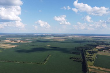 Güzel tarımsal manzara, açık arazi mavi gökyüzü ve beyaz bulutlar. Kuş bakışı tarlalar.