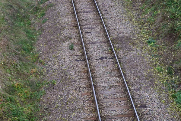 Järnvägssäng Fragment Järnvägsspår Ovanifrån Räls Och Sliprar — Stockfoto