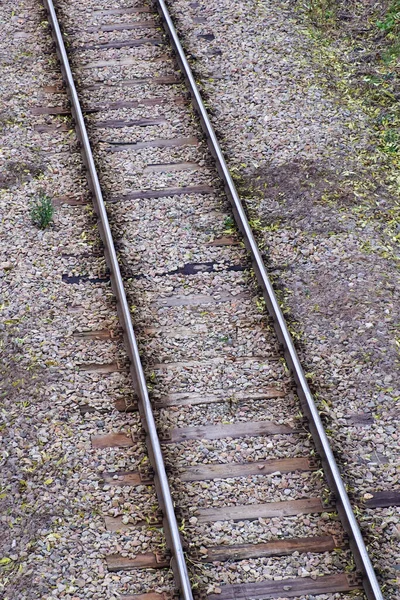 Cama Comboio Fragmento Trilhos Ferroviários Vista Superior Trilhos Travessas — Fotografia de Stock