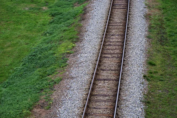 Eisenbahnbett Fragment Von Gleisen Draufsicht Schienen Und Schwellen — Stockfoto