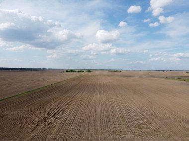 Tarlaların üzerinde güzel bulutlu gökyüzü. Tarım arazisi.