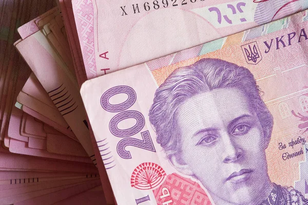 İki yüz hryvnia değerinde bir avuç banknot. Ukrayna parası.