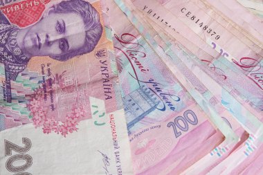 İki yüz hryvnia değerinde bir avuç banknot. Ukrayna parası.