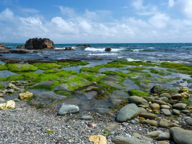 Kayaların ve denizin ferahlatıcı manzarası. Okyanus manzarası engebeli kıyı şeridi.
