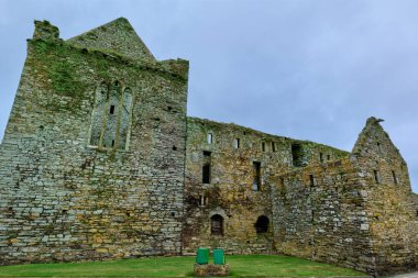 Timoleague, İrlanda, 25 Kasım 2023. Timoleague Manastırı 'nın yıpranmış taş duvarları İl Mantarı İrlanda' sında bulutlu bir gökyüzünün altında.