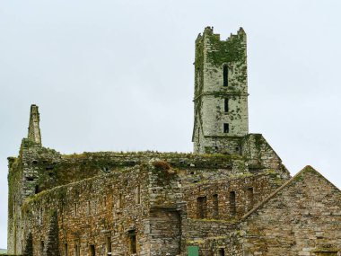 Timoleague, İrlanda, 25 Kasım 2023. Timoleague Keşişi. Antik taş manastırı parlak bir gökyüzüne karşı yıkıldı..