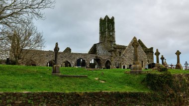 Timoleague, İrlanda, 25 Kasım 2023. Ortaçağ manastırı kalıntıları ve İrlanda 'da bulutlu bir gökyüzünün altındaki yeşil bir tepede antik mezarlık..