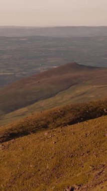 Tepeler ve tarlalar altın ışıkta. Kırsal arazinin havadan görünüşü. Kırsal kesimdeki ideal tarım arazileri. Gün batımında yuvarlanan tepeler.