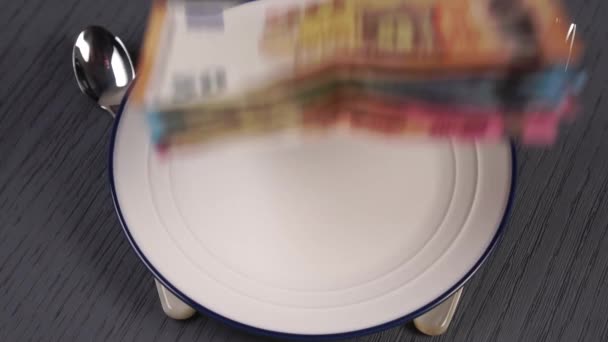 Lot Euro Banknotes Fall Closeup Empty Plate Wooden Table Slow — Stock Video