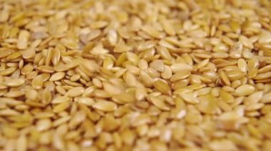 Keten tohumları bir yığın yakın planda düşer. Makro. Dolly vurdu. Ağır çekim. Süper yiyecek konsepti