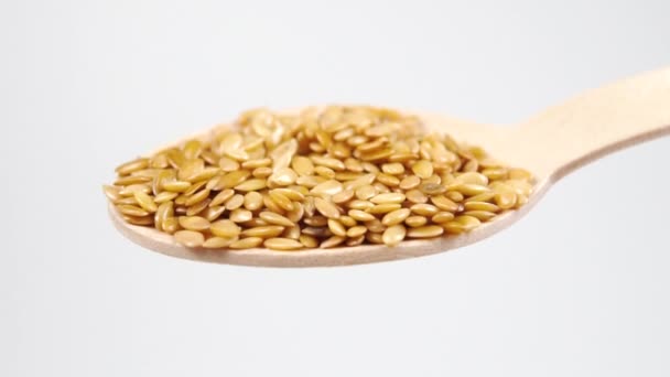 Full Wooden Spoon Flax Seeds Closeup Flax Seeds Falling Spoon — Stock Video