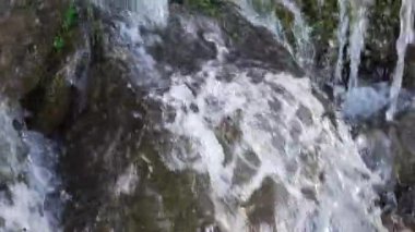Dağ deresi kapanıyor. Bir taşın üzerine köpüklü soğuk su dökmek. Yavaş çekim