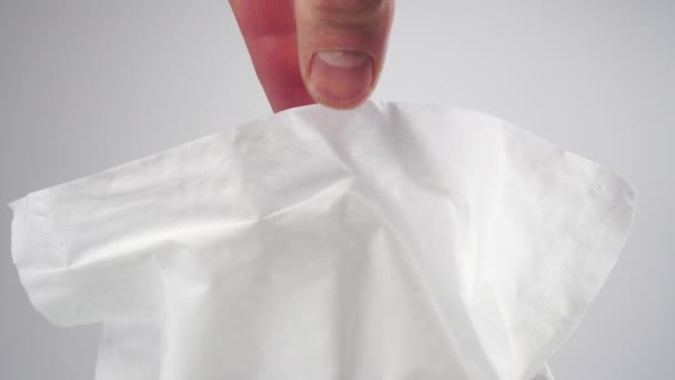 Hand Picks Pulls White Paper Facial Tissue Close — Stock Video