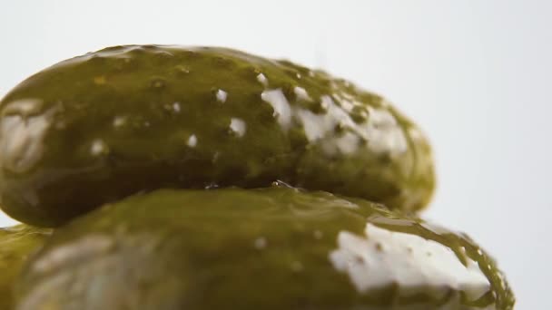 Brine Poured Canned Pickled Gherkins Close Slow Motion Macro Shot — Stock Video