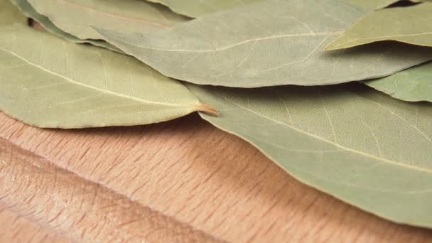 Seasoning bay leaf on a wooden surface macro shot. Dolly. Close up. Bay Laurel Laurus Nobilis