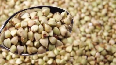 Tam kaşık yeşil karabuğday taneleri. Dönen karabuğday yığınının içine düşen tohumlar.