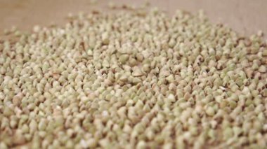 Yavaş çekimde, ahşap bir yüzey üzerinde pişmemiş yeşil karabuğday yığını. Yakın plan. Biyolojik sağlıklı yiyecek.