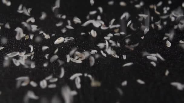 Doğal Bitkisel Psyllium Takviyesi Karanlık Taş Yüzeyine Dökülür Kabuklar Kapanıyor — Stok video