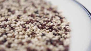Bir tabak makro karede kinoa. Pişmemiş karışık tohum çeşitleri. Doli Vuruşu