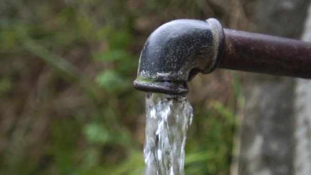 Tap Water Pours Rusty Iron Pipe Garden Slow Motion Close — Stock Video