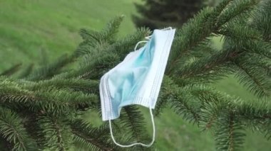 Spruce şubesine yakın plan tıbbi maske. Çevre kirliliği, tıbbi atık, Coronavirus, COVID-19 ile Yeni Yıl ve Noel kutlamaları