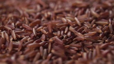 Kahverengi pirinç tohumları yavaş çekimde yığının içine düşer. Makro. Geleneksel Asya yemekleri. Çiğ pişmemiş diyet kırmızı pirinç. Doli Vuruşu