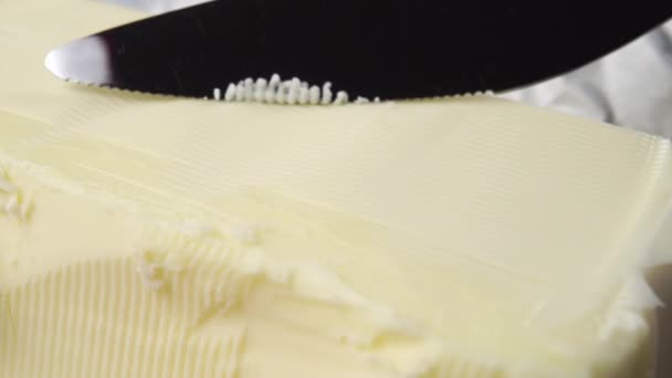 Farm Butter Cut Serrated Knife Thin Layer Close Macro Shot — Stock Video