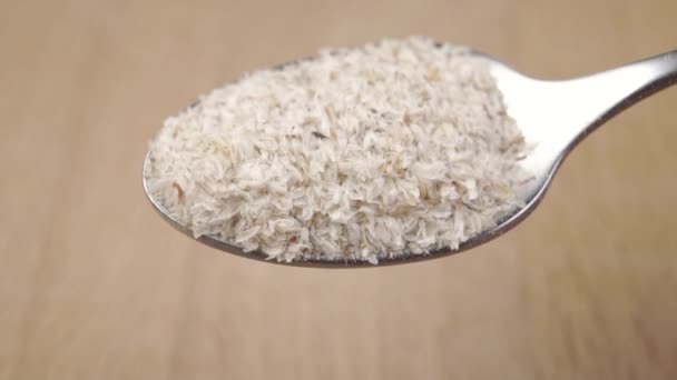 Psyllium Husk Χύνει Από Ένα Μεταλλικό Κουτάλι Επιδόρπιο Αργή Κίνηση — Αρχείο Βίντεο