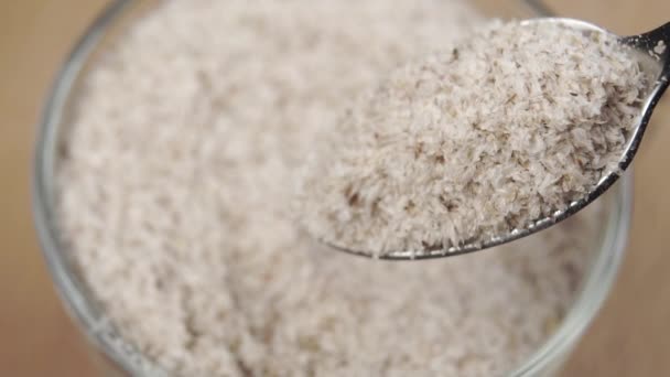 Naturlig Växtbaserade Kosttillskott Psyllium Skal Sked Faller Slow Motion Wellness — Stockvideo