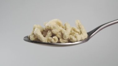 Bir kaşık dolusu kurutulmuş soya fasulyesi. Yavaş çekimde soya sosunu yakın çekime al. Soya Macro vurdu. Sağlıklı gıda konsepti