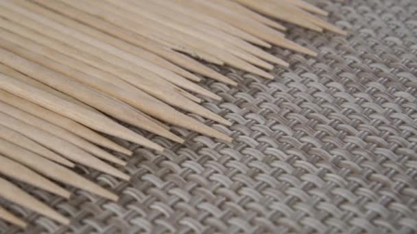 Sharpened Wooden New Toothpicks Stacked Row Braided Kitchen Napkin Macro — Stock Video