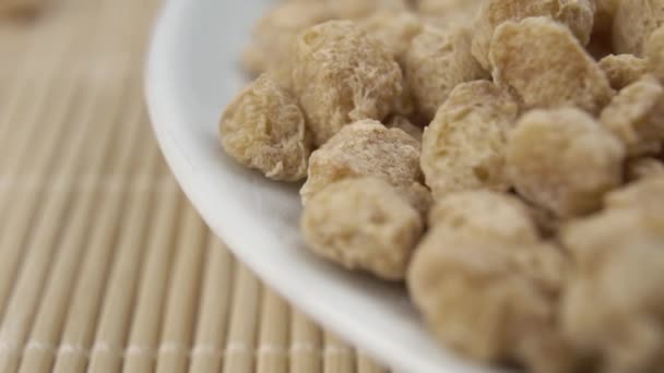 Uncooked Dried Soybeans Close White Bowl Traditional Bamboo Mat Falling — Stock Video