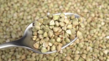 Dönen bir tohum yığınının arka planında bir kaşık dolusu çiğ karabuğday taneleri. Makro çekim