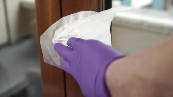 Cleaner Wearing Protective Gloves Cleaning Hotel Room Balcony Door Handles — Stock Video