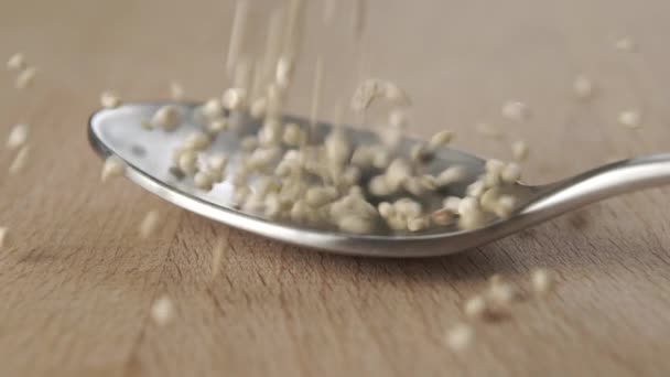 Raw Quinoa Seeds Fall Metal Spoon Slow Motion Wooden Board — Stock Video