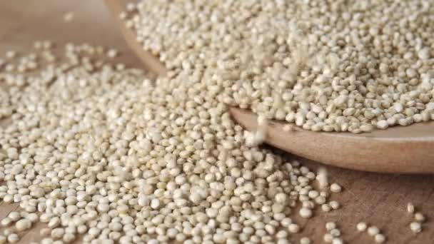 Rauwe Quinoa Pitten Worden Slow Motion Een Houten Lepel Gestapeld — Stockvideo