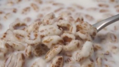 Bir kaşık dolusu şişirilmiş buğday gevreği bir kase sabah sütlü yulaf lapası üzerine yazıldı. Makro çekim