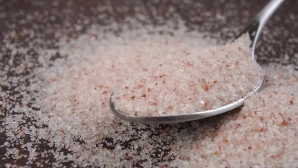 Full Teaspoon Himalayan Pink Salt Dark Board Close Macro Dolly — Stock Video