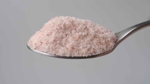 グランドヒマラヤ塩の完全な金属スプーン スローモーションで落下 マクロショット ピンクの結晶 — ストック動画